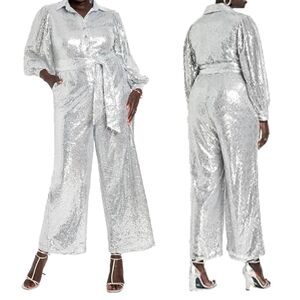 Eloquii silver sequin wide leg balloon sleeve romper size 22 (hemmed)